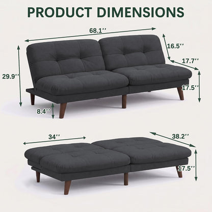 68'' Convertible Futon Sofa Bed, Dark Grey Linen Futon Couch3