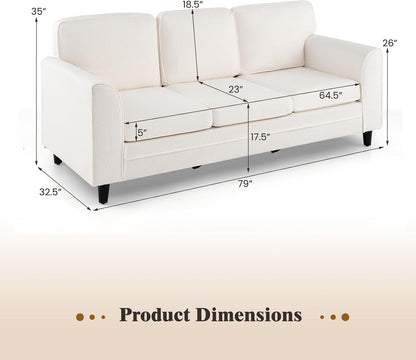 3 Seater Couch - 79” Mid Century Modern Upholstered Sofa with Armrests, Sturdy Legs, Teddy Fleece Comfy Couches for Living Room, Bedroom, Small Space, Apartment and Office (White)2