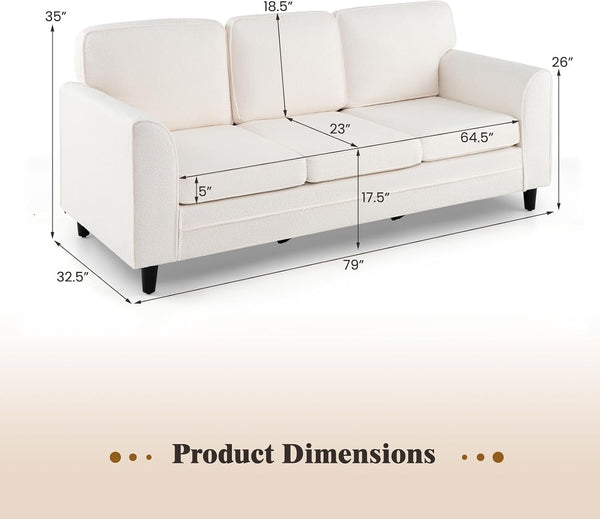 3 Seater Couch - 79” Mid Century Modern Upholstered Sofa with Armrests, Sturdy Legs, Teddy Fleece Comfy Couches for Living Room, Bedroom, Small Space, Apartment and Office (White)2