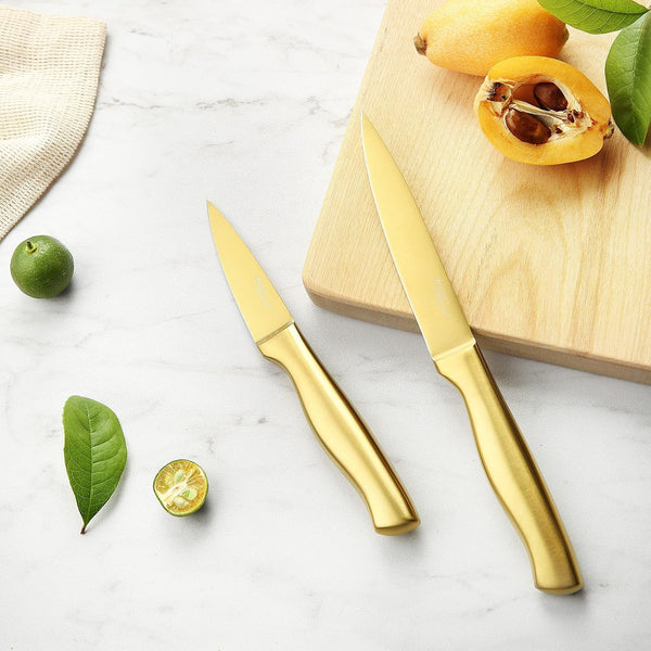 ® Gold Knife Set, Knife Block Set Ma21,Titanium Coated 14 Pieces Stainless Steel Chef Gold Kitchen Knife Sets with White Block | Forged Stainless Steel,Razor Sharp,Non-Stick&Anti-Rust,Restaurant Grade,Ergonomic Handles,Full Tang,Gift Box8