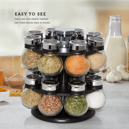 16 Jar Ellington Revolving Countertop Spice Rack with Lift & Pour Caps and Spices Included, FREE Spice Refills for 5 Years: Black and Chrome5