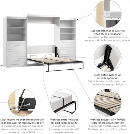 Queen Murphy Bed and 2 Shelving Units with Drawers, White, Pur, 136W9