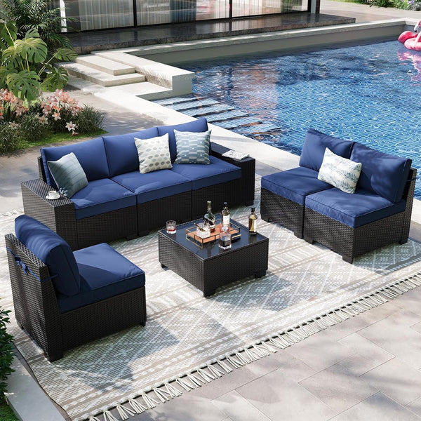 7-Piece Outdoor Patio Furniture Set, 6-Seat All-Weather PE Rattan Wicker Patio Sectional Furniture Set with Coffee Table, 450 Lb Capacity1