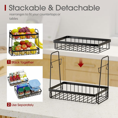 Fruit Basket for Kitchen Counter - 2-Tier Fruit Bowl with Removable Banana Hanger & Handles, Rustproof Fruit Holder for Kitchen, Living Room, Bathroom, 13.4"×8.7"×11.7", Black3