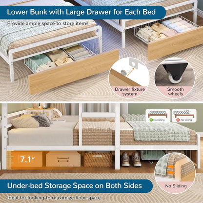 Triple Bunk Bed with Storage Drawers and Bedside Shelf, Twin over Twin Bunk Bed for Kids/Teens with LED Lights and Charging Station, Heavy Duty Metal Bunk Beds with Safety Guardrail and Ladder, White5