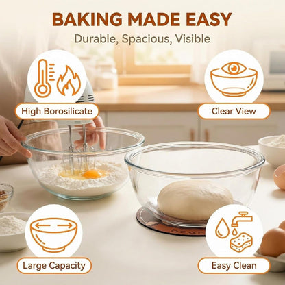 Large Borosilicate Glass Mixing Bowls, Set of 2 (6.4QT, 3.7QT) - Heavy-Duty, Stackable & Lead-Free. Oven, Microwave, Dishwasher & Freezer Safe. Ideal for Sourdough, Baking, Prepping, Serving.7