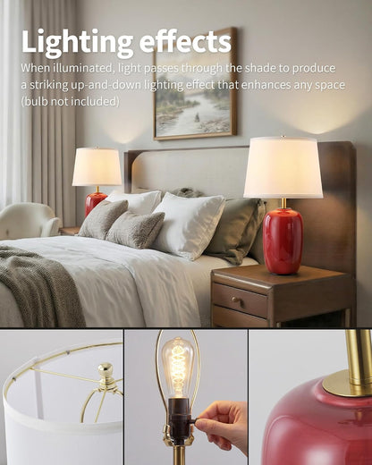 22 Inch Red Ceramic Table Lamps Set of 2, Fabric Lampshade Desk Lamp4