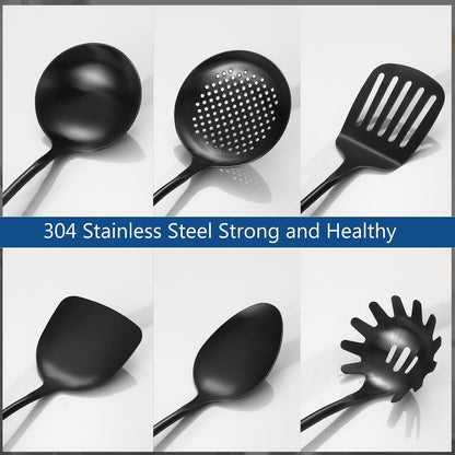 304 Stainless Steel Kitchen Utensils Set, 6 Pcs Long Cooking Utensils Set with Wooden Handle, Large Heat Resistant Kitchen Tools(Black, Dishwasher Safe)4