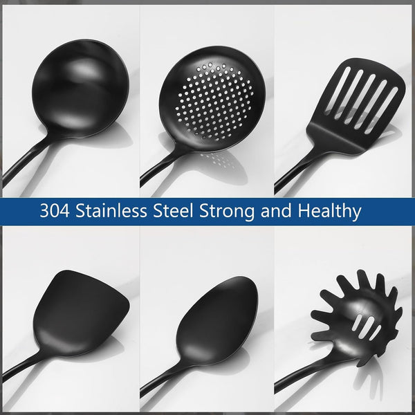 304 Stainless Steel Kitchen Utensils Set, 6 Pcs Long Cooking Utensils Set with Wooden Handle, Large Heat Resistant Kitchen Tools(Black, Dishwasher Safe)4
