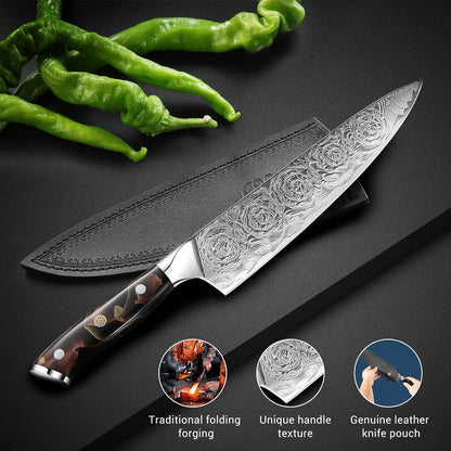 Professional Japanese Damascus Chef Knife 8 Inch - VG-10 High Carbon Steel, Ergonomic Resin Handle with Leather Sheath & Luxury Gift Box5