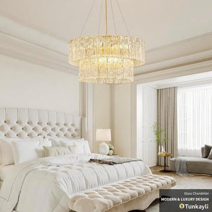 24" Gold Crystal Chandelier, 8-Light Glass Drum Light Fixture8