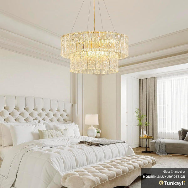 24" Gold Crystal Chandelier, 8-Light Glass Drum Light Fixture8