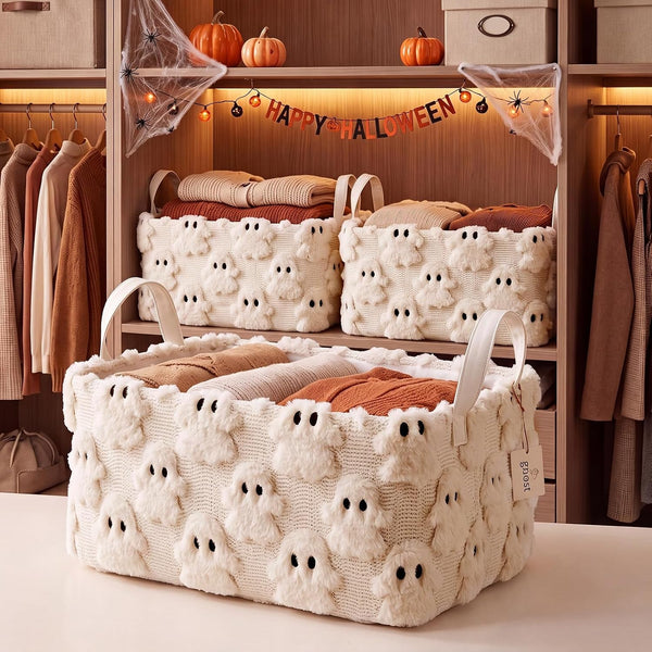2 Halloween Ghost Storage Basket with Handle, Beige Ghost Decor6