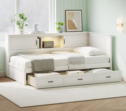 Full Size Corner Bed Frames with Storage Drawers, Bookcase, Charging Station, Led Downlight, Wooden L-Shaped Captain Daybed Platform for Small Room, Bedroom, Guest Room, Kids'Room, White4