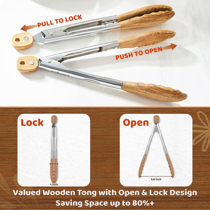 Wood Cooking Utensils Set, 5 PCS Wooden Spoons for Cooking Includes Stainless/Wood Kitchen Tongs, Non-Stick Wooden Utensil Set with Innovative Finger Groove & Non-Slip Notch Design, Black2