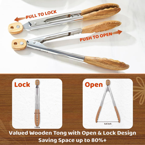 Wood Cooking Utensils Set, 5 PCS Wooden Spoons for Cooking Includes Stainless/Wood Kitchen Tongs, Non-Stick Wooden Utensil Set with Innovative Finger Groove & Non-Slip Notch Design, Black2