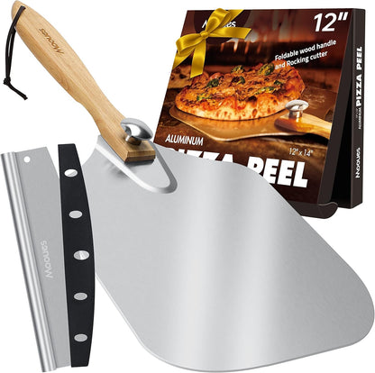Pizza Peel Aluminum 12 Inch Pizza Spatula with Rocker Cutter | Metal Pizza Paddle(12"X 14") Foldable Wood Handle, [Storage Bag Included], for Family Pizza Oven Baking Pizza, Dough& Pastry1
