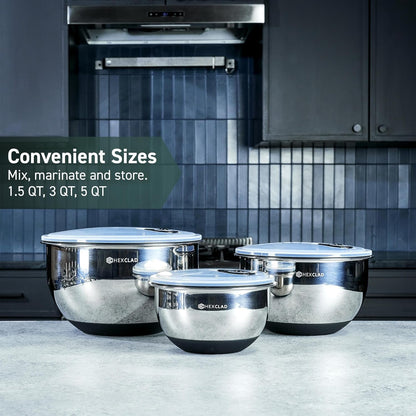 Hexclad 3 Piece Stainless Steel Mixing Bowl Set with Vacuum Seal Lids6