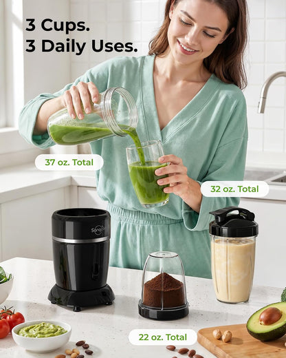 1000W Personal Smoothie Blender, Protein Shakes, Home & Gym, Black | 37/32/22 Oz Bpa-Free To-Go Cups with 6-Leaf Blade, Frozen Fruit, Ice Crushing, Baby Food, Sauces, Dips, Coffee, Nuts, Spices9
