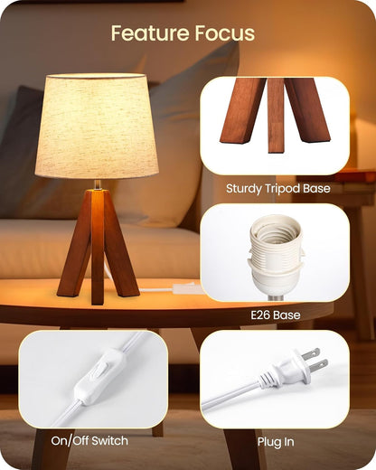 Tripod Table Lamp, 14.6 Inch Small Bedside Lamp with Beige Linen Shade, Modern Nightstand Lamp for Bedroom, Kids Room, Living Room, Nursery, Office, E26 Socket, Dark Wood Base, LE51TL054