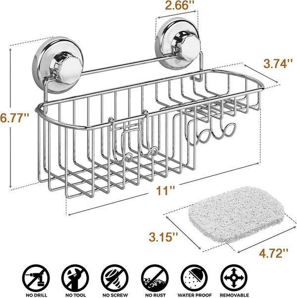 HASKO Suction Cup Shower Caddy Basket for Shampoo, Shower Suction Shelf Organizer, Basket with Soap Holder and Hooks, Stainless Steel Shampoo Holder for Bathroom Storage, Chrome8