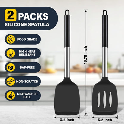 2 Pack Silicone Spatula Set, Solid & Slotted Turner for Non-Stick Pans, High Heat Resistant Silicone Spatula for Cooking, Bpa-Free Stainless Steel Cooking Utensils for Fish, Eggs, Pancakes, Black2