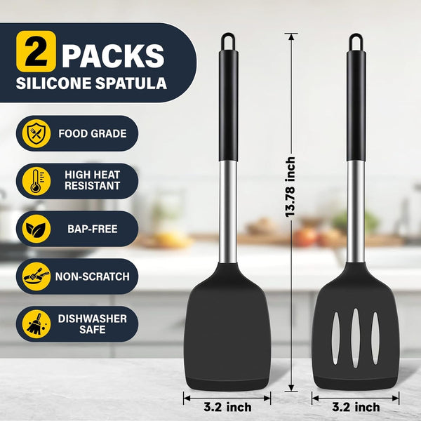 2 Pack Silicone Spatula Set, Solid & Slotted Turner for Non-Stick Pans, High Heat Resistant Silicone Spatula for Cooking, Bpa-Free Stainless Steel Cooking Utensils for Fish, Eggs, Pancakes, Black2