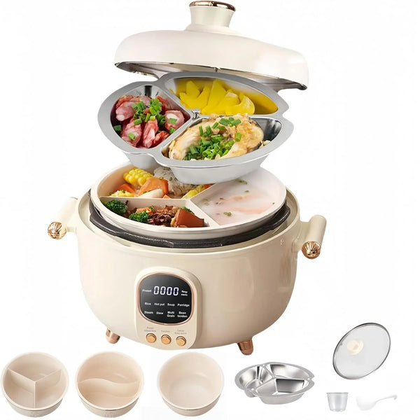 4L Electric Hot Pot Pressure Cooker, Multi-Compartment Smart Cooker with 70Kpa Pressure Cooking, Digital Display, 10 Presets, 24H Timer, Nonstick Electric Cooker for Soup, Rice, Stew & Mushy Food1