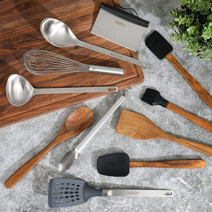 11 Piece Essential Teak Wood, Silicone, and Stainless Steel Tool Set2