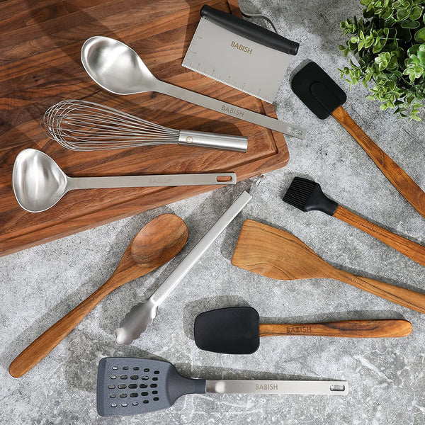 11 Piece Essential Teak Wood, Silicone, and Stainless Steel Tool Set2