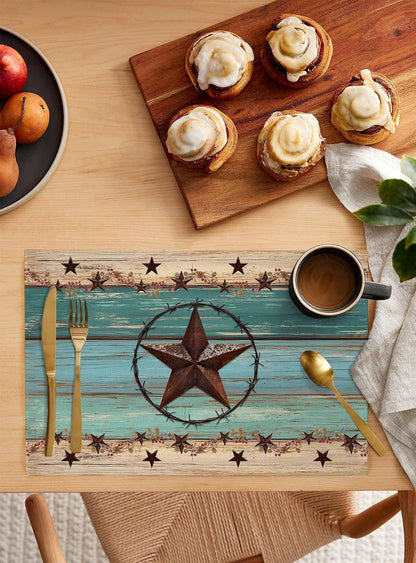 Western Texas Star Placemats Set of 6 Retro Turquoise Wooden Rustic Farmhouse 13X19 Inch Washable Non Slip Linen Table Mats, Rustic Summer Placemats for Dining Table Party Kitchen Decor2