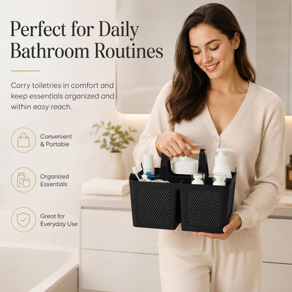 Plastic Shower Caddy with Wooden Handle, Portable 3-Compartment Bathroom Organizer Basket with Drainage Holes, Quick Dry Shower Basket for Dorm, College, Cleaning Supplies7