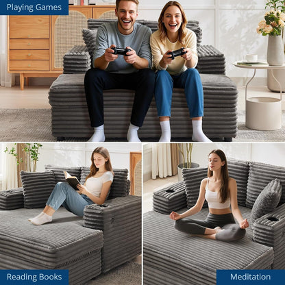 60-Inch Oversized Chaise Lounge Chair Indoor, Comfy Corduroy Lounge Sofa with Charging Station, Cup Holders & Throw Pillows, Cozy Sleeper Couch for Living Room Apartments, Grey8