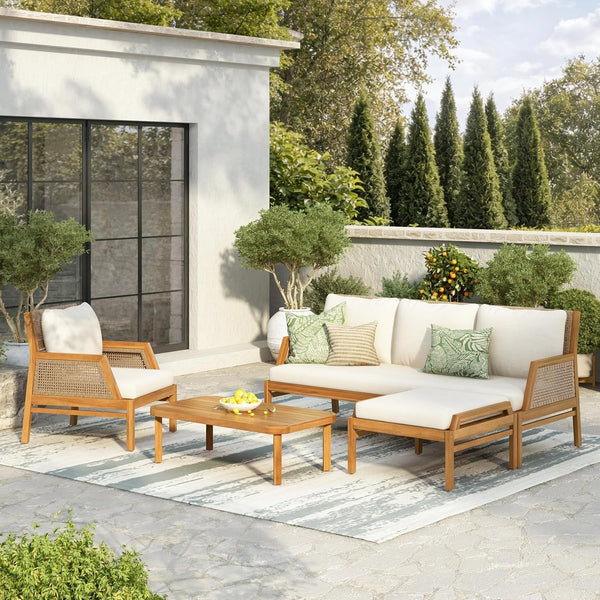 Zura 4 Piece Patio Furniture Set with Removable Cushion, Outdoor Acacia Wood Conversation Set with Ottoman, Outdoor Sectional Sofa Set with Coffee Table, Teak+Cream1