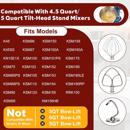 3-Piece Stainless Steel Mixer Attachment Kit for Kitchenaid 4.5 and 5 QT Tilt-Head Stand Mixers, Includes K45WW Wire Whip, Dough Hook & K45B Flat Beater, Dishwasher Safe4