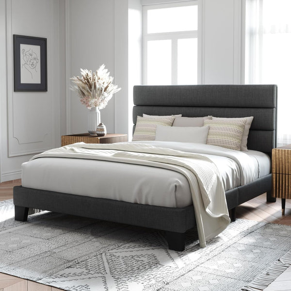 Queen Size Platform Bed Frame with Fabric Upholstered Headboard3