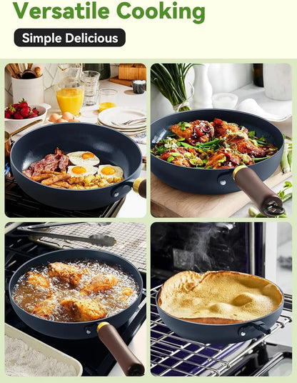 9.5" Enameled Carbon Steel Skillet, Nonstick Frying Pan | Carbon Steel Pan, Stay-Cool Wooden Handle, High Wall Pan, Season-Free Stir-Fry Pan, Non-Toxic PTFE & PFOA Free6