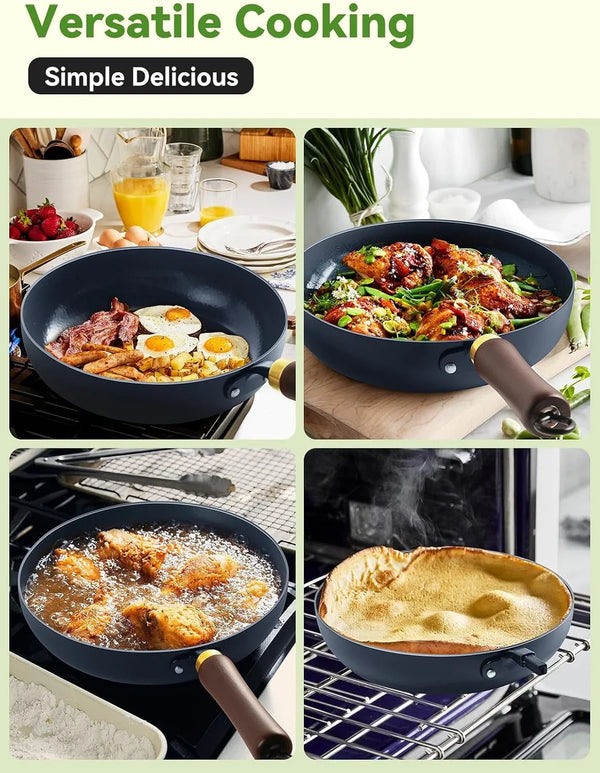 9.5" Enameled Carbon Steel Skillet, Nonstick Frying Pan | Carbon Steel Pan, Stay-Cool Wooden Handle, High Wall Pan, Season-Free Stir-Fry Pan, Non-Toxic PTFE & PFOA Free6