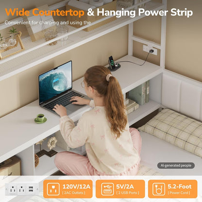 Twin Corner Bed Frame with Tall Storage Bookshelf, 5 Drawers & Power Strips4