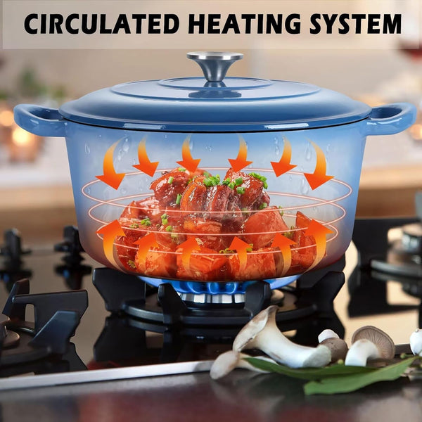 6QT Dutch Oven with Lid, Enameled Nonstick Cast Iron Dutch Oven | Cooking Pot for Stewing Baking Braising, Various Stoves & Oven Safe, Toxic Free & Solid, Dual Handles & Easy Cleanup - Blue2