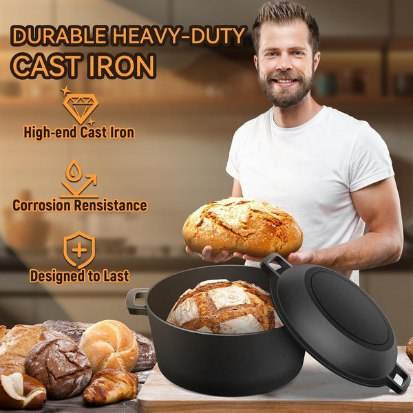 Cast Iron Dutch Oven for Bread Baking, 2-In-1 Pre-Seasoned Dutch Oven Pot | Banneton Bread Proofing Basket Sourdough Bread Baking Supplies, Dutch Oven Pot with Skillet Lid Cooking Pan Handles Lame, 5QT5