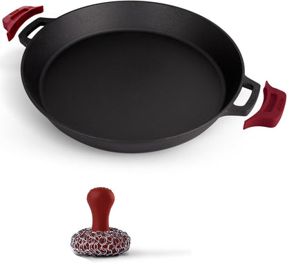 Cast Iron Skillet + Chainmail Scrubber Cleaner - 17"-Inch Dual Handle Braiser Frying Pan + Silicone Handle Covers - Pre-Seasoned Oven, Grill, BBQ, Stovetop, Fire Cookware - Indoor/Outdoor Use1