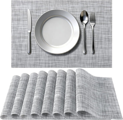 Placemats Set of 8, Heat Resistant Non-Slip Place Mats for Dining Table, Durable Washable PVC Vinyl Woven Table Mats, Linen Textured Placemats for Kitchen Resistant Easy to Clean(Gray1
