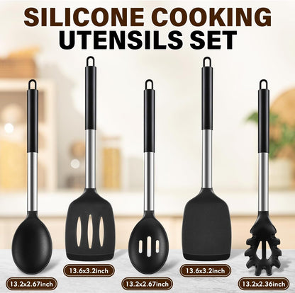 5Pcs Silicone Cooking Utensils Set, Heat Resistant Kitchen Tools Include Solid&Slotted Spatula, Cooking Spoon and Pasta Server, Silicone Kitchen Utensils Set for Nonstick Cookware Flipping, Black2