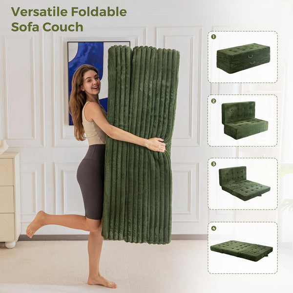 Floor Sofa Couch, 6 Inch Tri-Fold Floor Sofa Bed, Folding Mattress with Handles, Soft Faux Fur Folding Bed with Supportive Foam Filling, Portable Couch for Living Room, Full, Dark Green9
