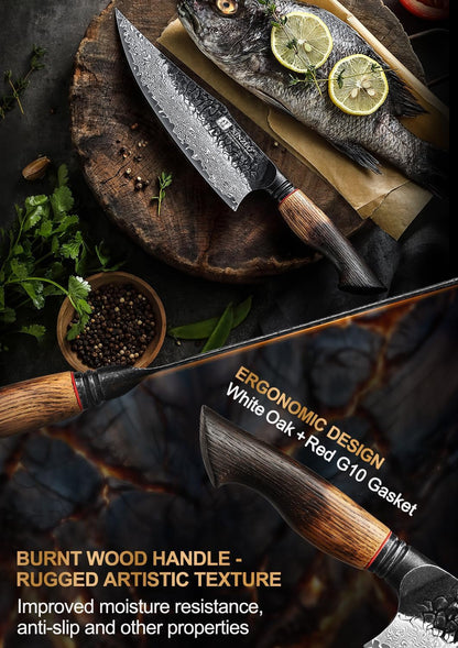 8.6 Inch Professional Damascus Chefs Knife,67 Layers Damascus Steel Kitchen Knife,10Cr15Comov Steel Core,Very Sharp for Vegetables Meat Cutting for Home Kitchen,Burnt White Oak Wood Handle4