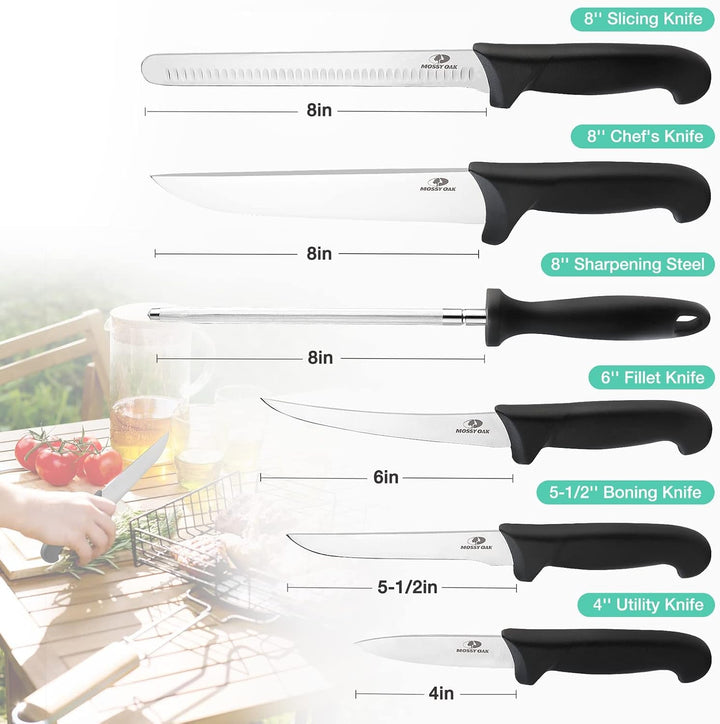 Mossy Oak 6-Piece Knife Set with Sharpening Steel & Roll Bag | Razor Sharp Blades, Non-Slip Ergonomic Handles, Full Bolster Design, Cuts Meat Fruits , Ideal Gift for Cooking Lovers+2