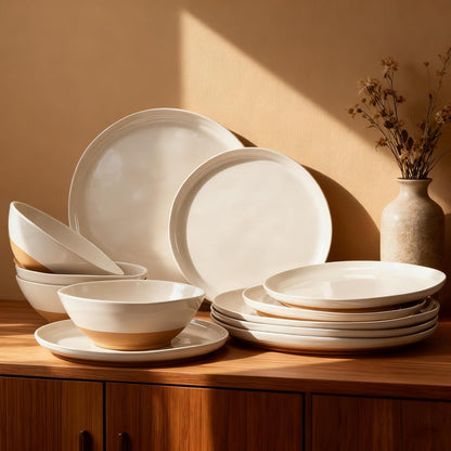Melamine Dinnerware Sets of 12 Pcs, Melamine Plates and Bowls Sets for 4, Unbreakable Dishware Sets for Patio, RV and Camping, Dishwasher Safe (Ivory)1