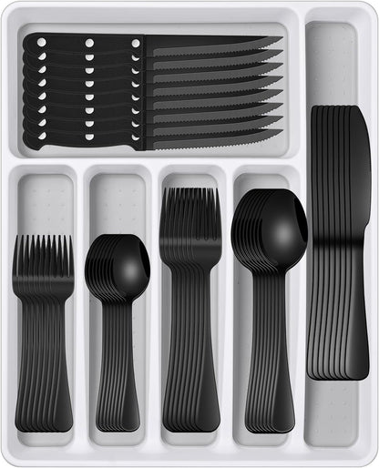 Black 49 Pieces Stainless Steel Flatware Sets with Organizer,Black Silverware Sets with Steak Knives Service for 8,Black Tableware Cutlery Sets for Home Kitchen1