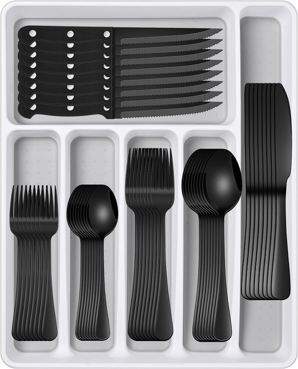 Black 49 Pieces Stainless Steel Flatware Sets with Organizer,Black Silverware Sets with Steak Knives Service for 8,Black Tableware Cutlery Sets for Home Kitchen1